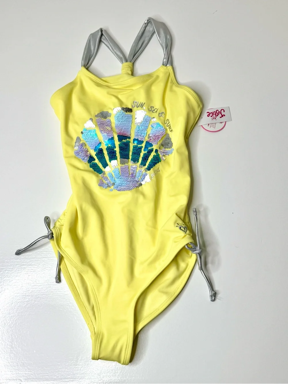 Justice Girls Yellow One-Piece Swimsuit with Silver Shell Accent
